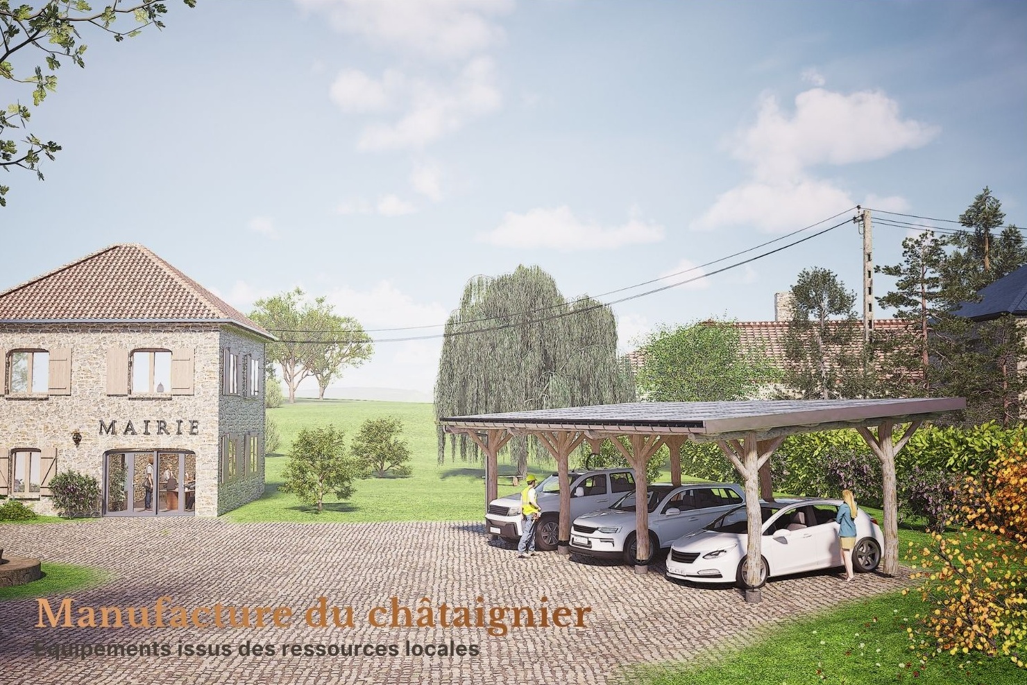 Photorealistic render of a stone building (mairie) with an integrated solar carport, existing site