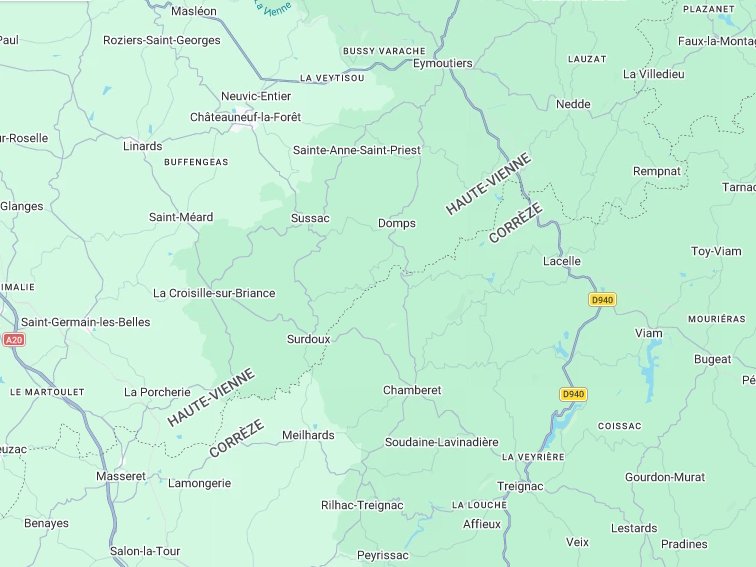 Carte du secteur du chantier à Chamberet (19) près de Saint-Hilaire-les-Courbes (19) et Lacelle (19)