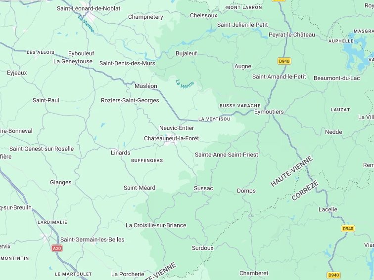 Carte du secteur autour de Châteauneuf-la-Forêt, Sainte-Anne-Saint-Priest et Sussac