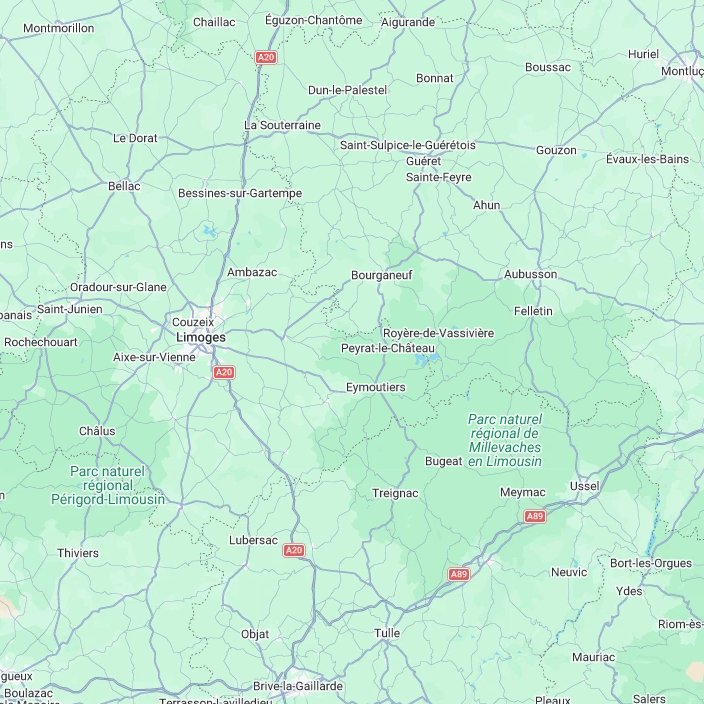 Carte du secteur d'intervention autour d'Eymoutiers