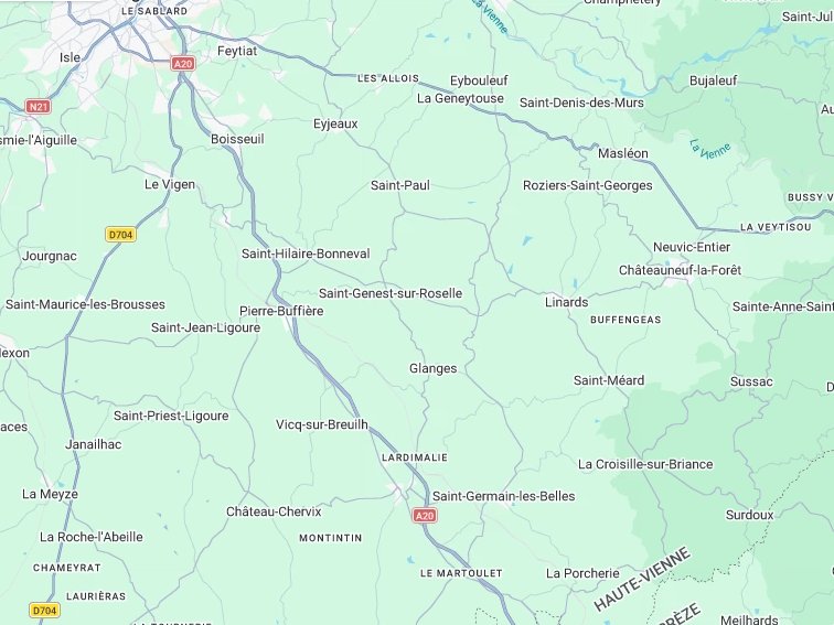 Carte du secteur du chantier à Glanges (87), tout près de Saint-Germain-les-Belles (87)