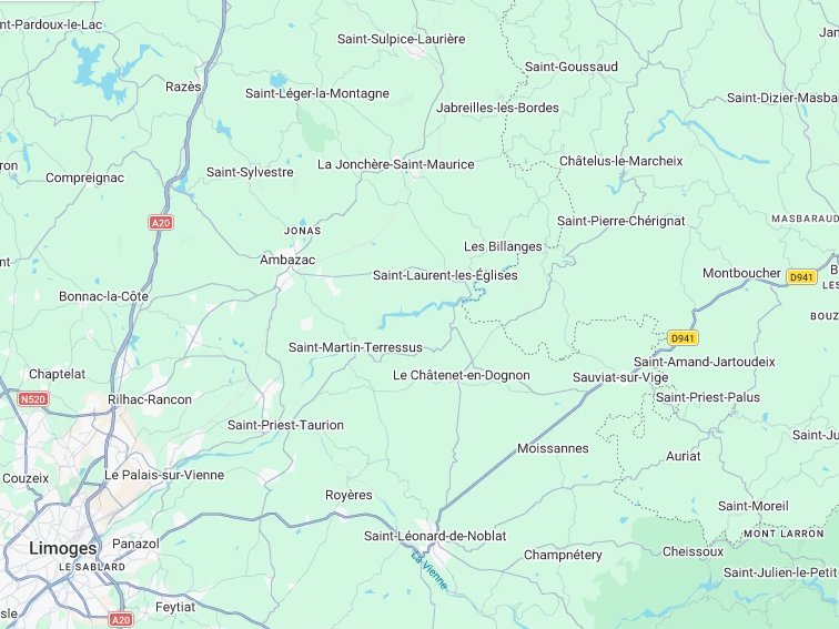 Carte du secteur du chantier au Châtenet-en-Dognon (87) près de Saint-Martin-Terressus (87) et Saint-Priest-Taurion (87)