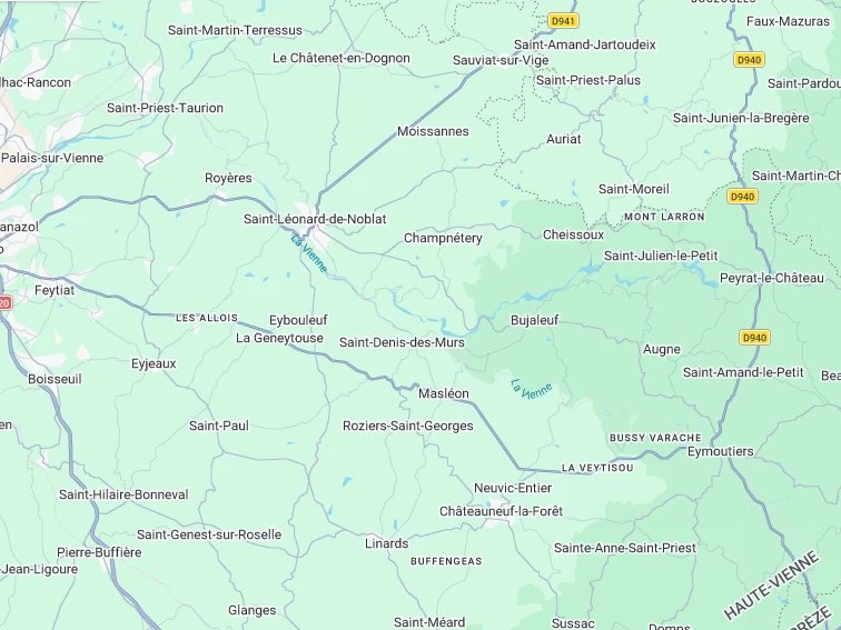 Carte du secteur du chantier à Masléon (87) proche de la jonction avec Saint-Denis-des-Murs (87) et Roziers-Saint-Georges (87)