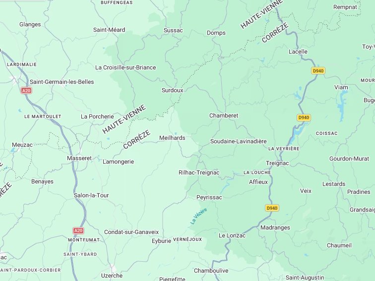 Carte du secteur du chantier à Rilhac-Treignac (19) proche de la jonction avec Soudaine-Lavinadière (19) et Meilhards (19)