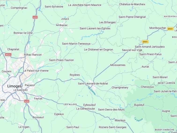 Carte du secteur du chantier à Saint-Léonard-de-Noblat (87), tout proche de Royères (87)
